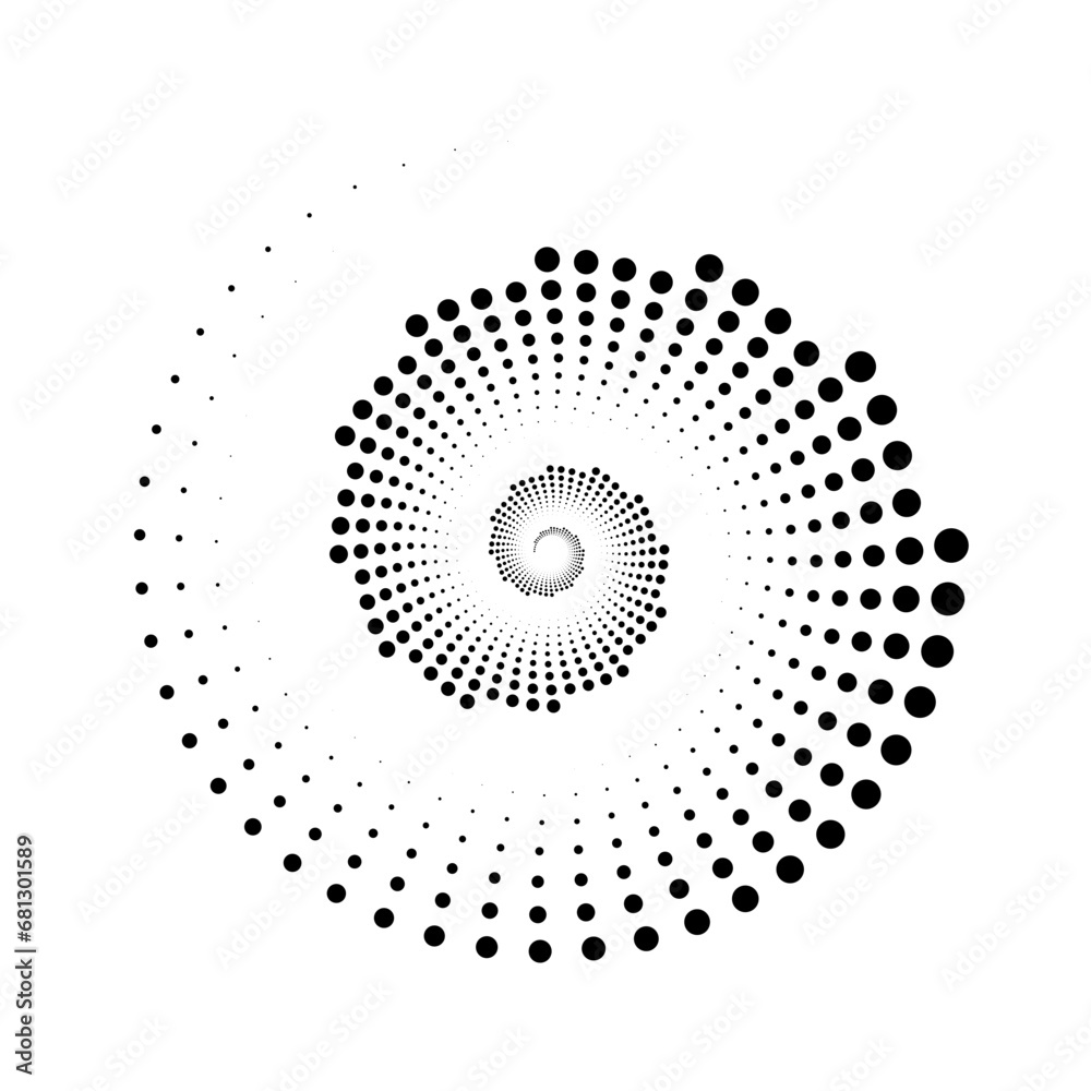 Dotted spiral lines element. Radial spinning halftone texture. Circle swirl dots shape. Abstract geometric background for poster, banner, logo, icon, collage, tattoo. Vector