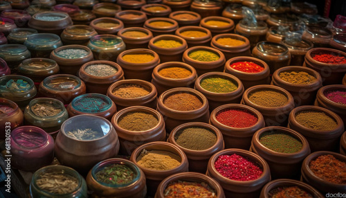 Vibrant colors of pottery collection in a large store display generated by AI