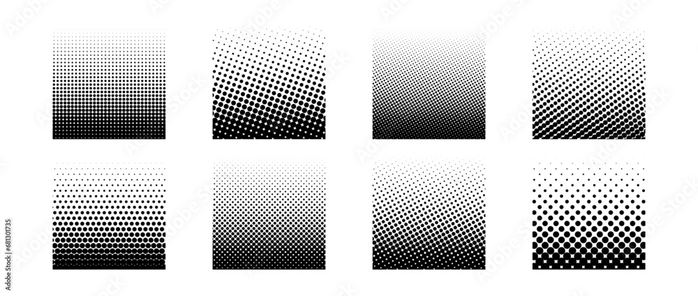 Fototapeta premium Different halftone gradient backgrounds set. Cartoon dots texture wallpaper collection. Black white comic design cover pack for banner, poster, overlay, sticker. Pop art dotted squared bundle. Vector