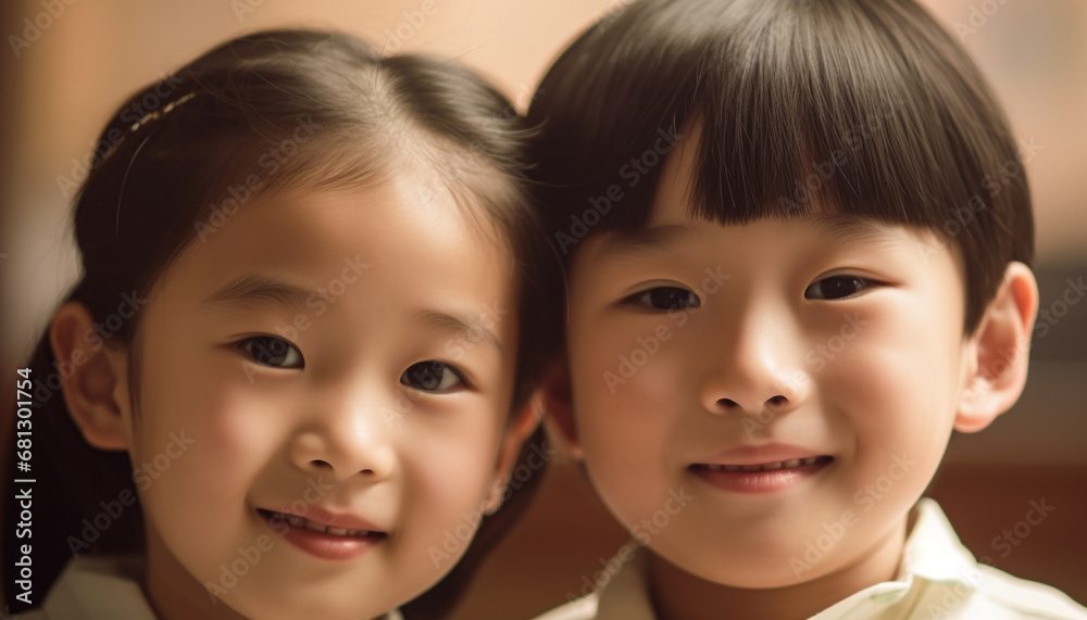 Two cute smiling boys and girls of different ethnicities playing together generated by AI Two cute smiling boys and girls of different ethnicities playing together generated by AI