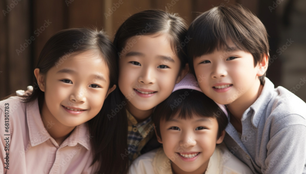 Smiling children of different ethnicities sitting outdoors looking at camera generated by AI Smiling children of different ethnicities sitting outdoors looking at camera generated by AI