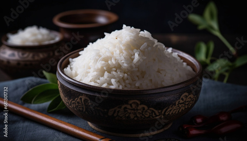 Organic basmati rice steamed in wooden bowl, healthy vegetarian meal generated by AI