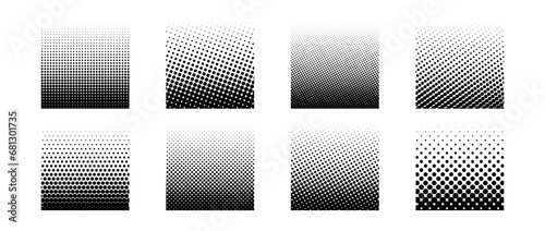 Different halftone gradient backgrounds set. Cartoon dots texture wallpaper collection. Black white comic design cover pack for banner, poster, overlay, sticker. Pop art dotted squared bundle. Vector