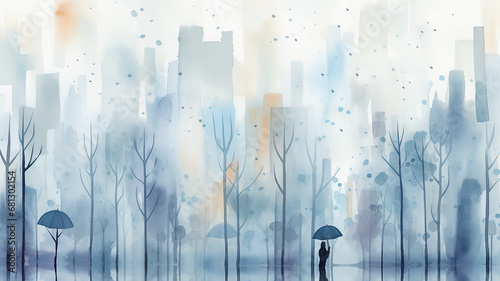 city, abstract watercolor in light gray and blue tones on a white background, autumn mood