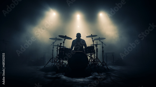 silhouette of a drummer behind a drum kit in a dark environment of stage lighting and fog photo