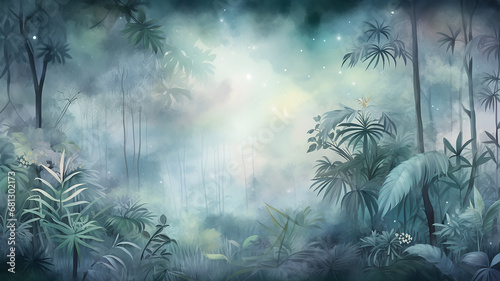 watercolor background light green blue and white shades rainforest in the rainy season  abstract background