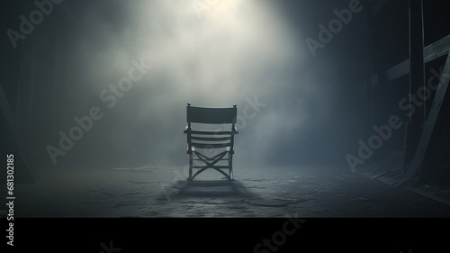 director's place, a lonely chair in the stage smoke on a dark background, the concept of cinema, management, loneliness photo