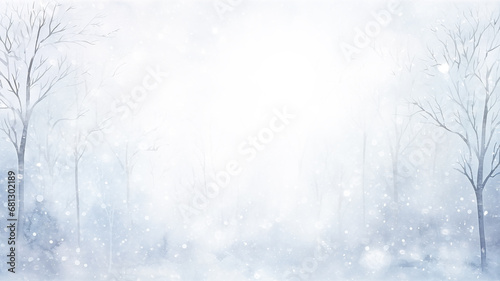 abstract watercolor background snowfall, christmas view blurred blizzard light blue snowflakes on a white city background