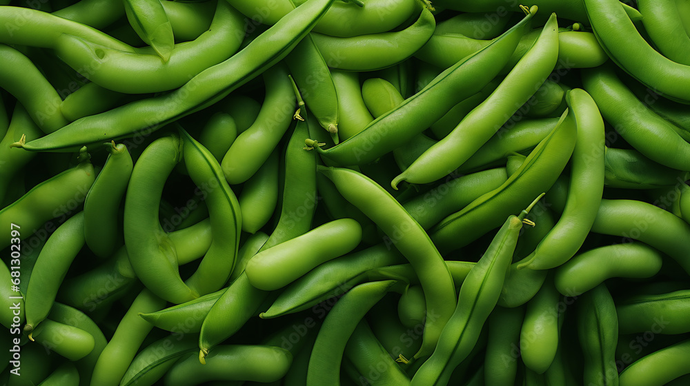 Top view full frame of whole ripe green beans placed together as background.