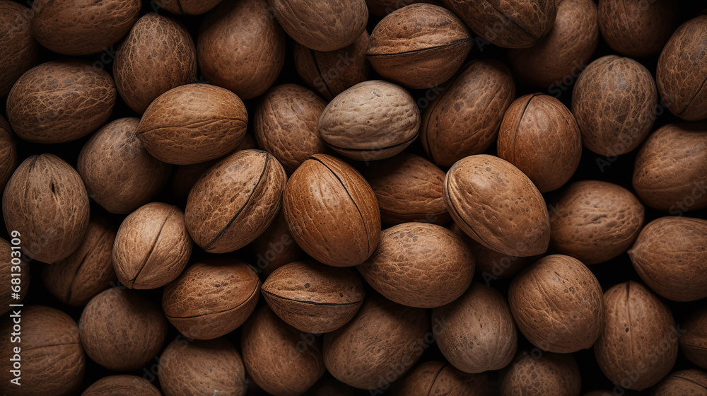 Top view full frame of whole ripe nutmeg placed together as background. Top view full frame of whole ripe nutmeg placed together as background.