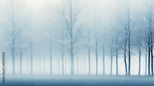 light white blue fog, a row of trees. watercolor abstract background late autumn, symbol landscape view cold light November, copy space blank blank
