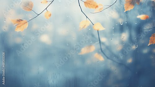 background wet autumn window with raindrops on the glass transparent autumn view copy space