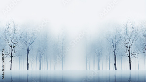 light white blue fog, a row of trees. watercolor abstract background late autumn, symbol landscape view cold light November, copy space blank blank