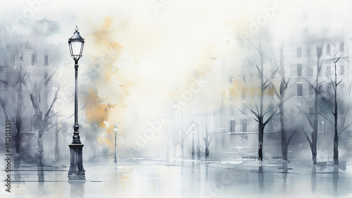 autumn watercolor light gray background, street lamp on a blurry background copy  space blank greeting form