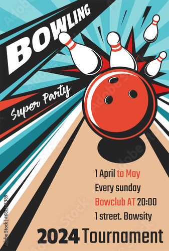 Bowling super party, tournament flyer or card