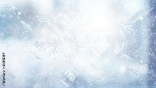 big snowflake on the window, abstract art winter background christmas greeting form, seasonal cooling climate change