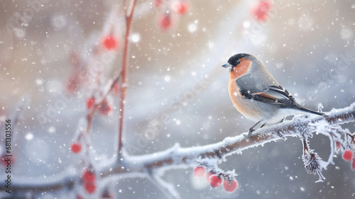 small abstract bird on a branch, winter greeting card greeting background wildlife copy space
