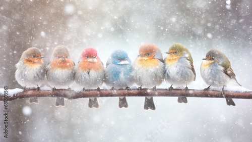 winter postcard, a row of colorful little birds in a snowfall on a branch, snow weather nature