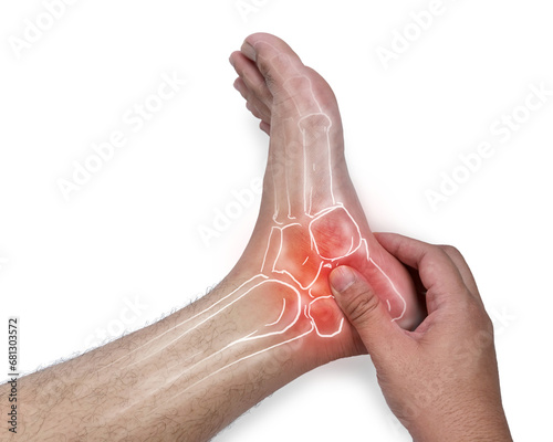 Anonymous person touching his ankle, suferring from arthritis disease, cut out isolated photo