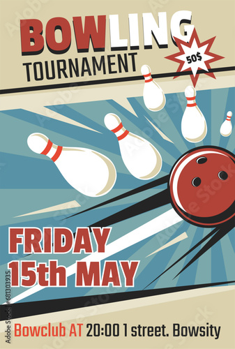 Bowling tournament at club, flyer or poster vector