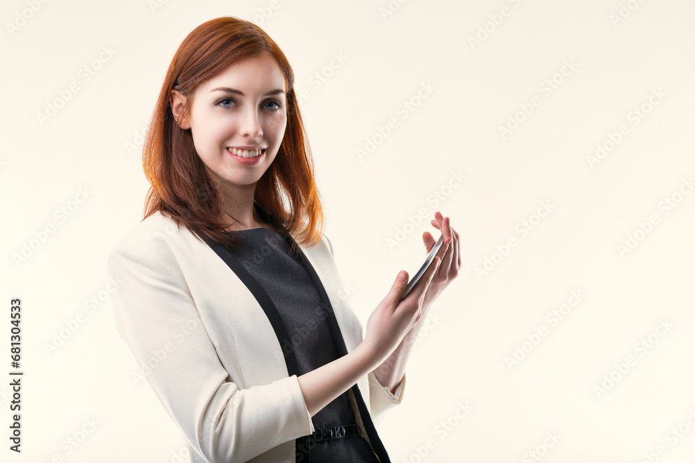 Approachable auburn-haired woman communicates with happy gesture Approachable auburn-haired woman communicates with happy gesture