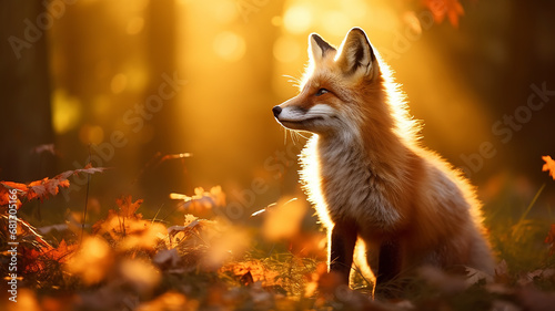 cute fox in the autumn forest, orange tones of an autumn day in a portrait of a wild nature predator © kichigin19