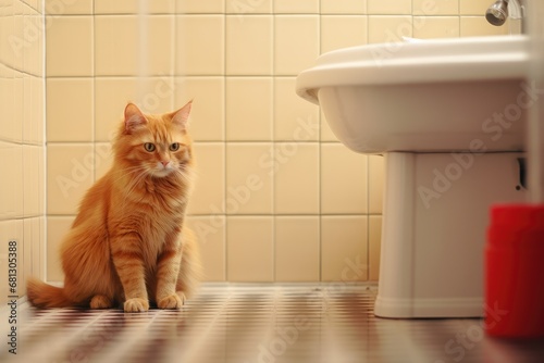 a cat is sitting on a tile floor in the bathroom