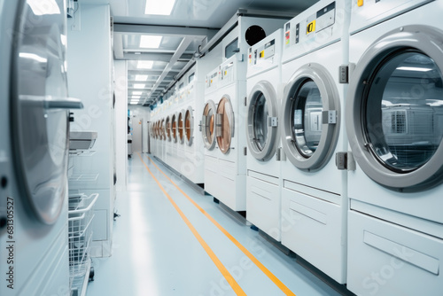 multiple industrial washing machines in modern laundry shop. Cleanliness concept of cleaning and laundry. photo