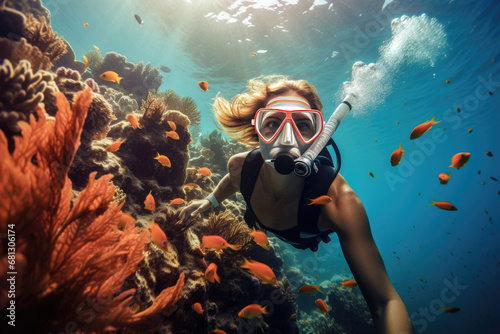 Scuba diver woman swimming in the under water sea © Kien