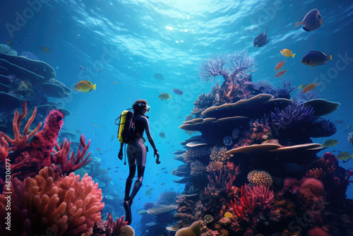 Scuba diver woman swimming in the under water sea