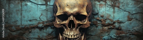 Eerie Human Skull Against Weathered Wall