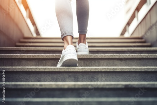 Closeup of female legs in sportswear walking up the stairs.Generative AI