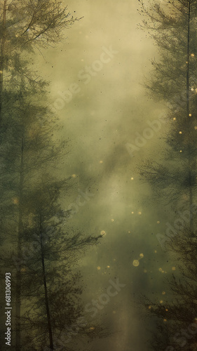 vertical background foggy landscape of autumn forest, panoramic view of taiga, tall trees in the northern fog of autumn