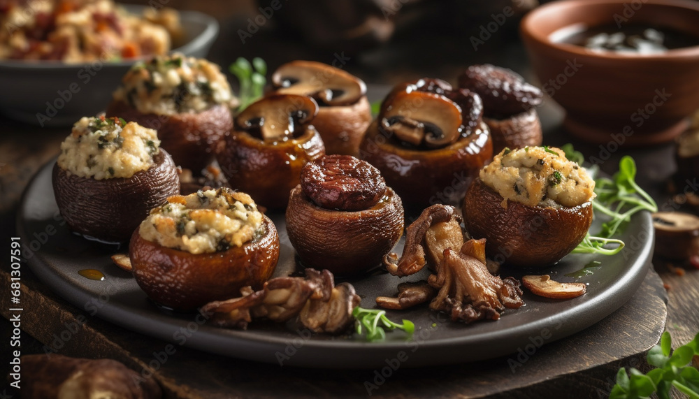 Grilled mushroom appetizer, fresh and healthy, ready to eat indulgence generated by AI Grilled mushroom appetizer, fresh and healthy, ready to eat indulgence generated by AI