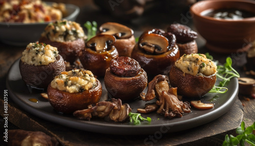 Grilled mushroom appetizer, fresh and healthy, ready to eat indulgence generated by AI