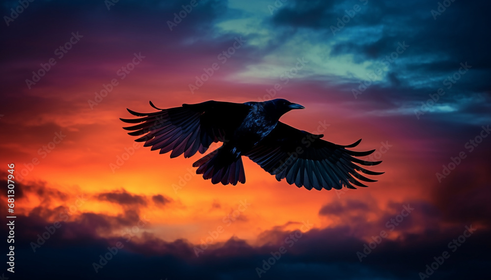 Obraz premium Majestic hawk spreads wings in multi colored twilight sky generated by AI
