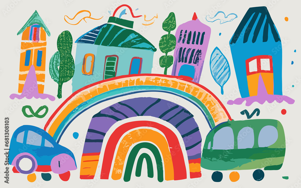 A Playful Fusion of Kids' Crayon Art Featuring Cars, Cityscapes, and Rainbows