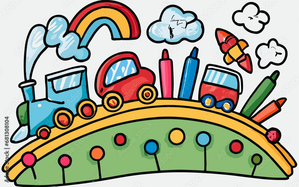 Naklejka premium Crayola Streets Where Children's Doodles Bring Cities, Cars, and Rainbows to Life in Every Hue