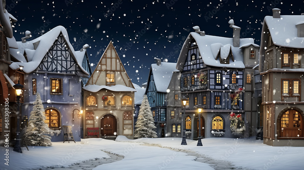 Fototapeta premium Christmas. new year card illustration winter landscape small houses in the snow, postcard winter view abstract small town or village