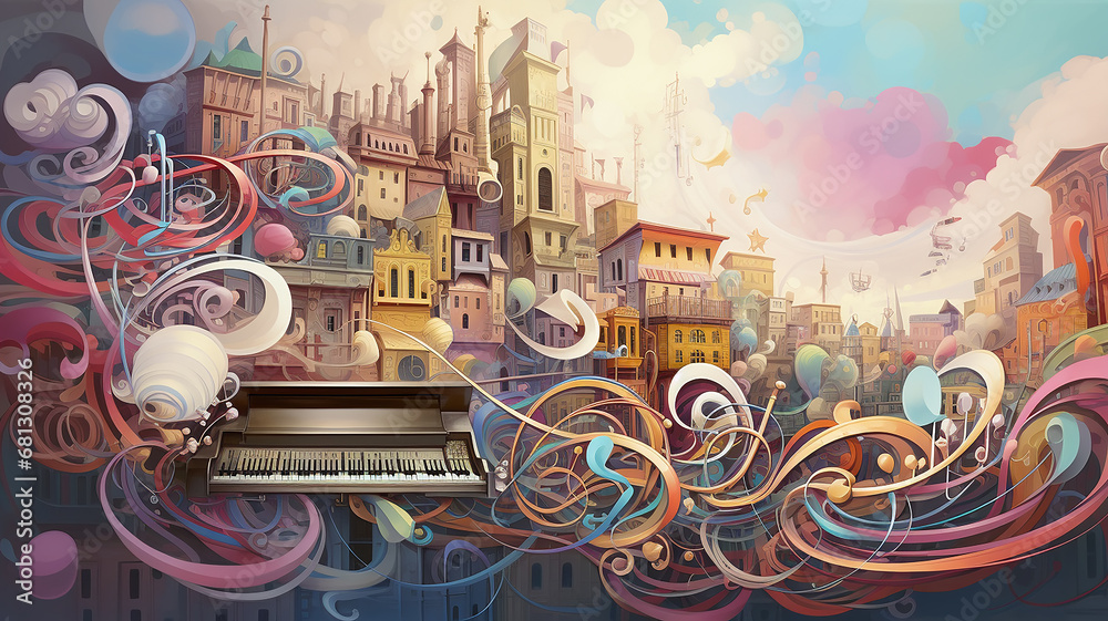 Obraz premium background music, the world of music on a smooth background, computer graphics melody of the city sound music banner