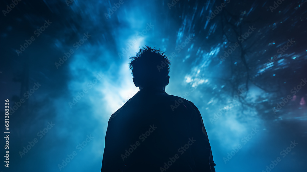 silhouette of a guy, a man view from the back against a background of blue fog and rays of light, a fictional character computer graphics silhouette of a guy, a man view from the back against a background of blue fog and rays of light, a fictional character computer graphics