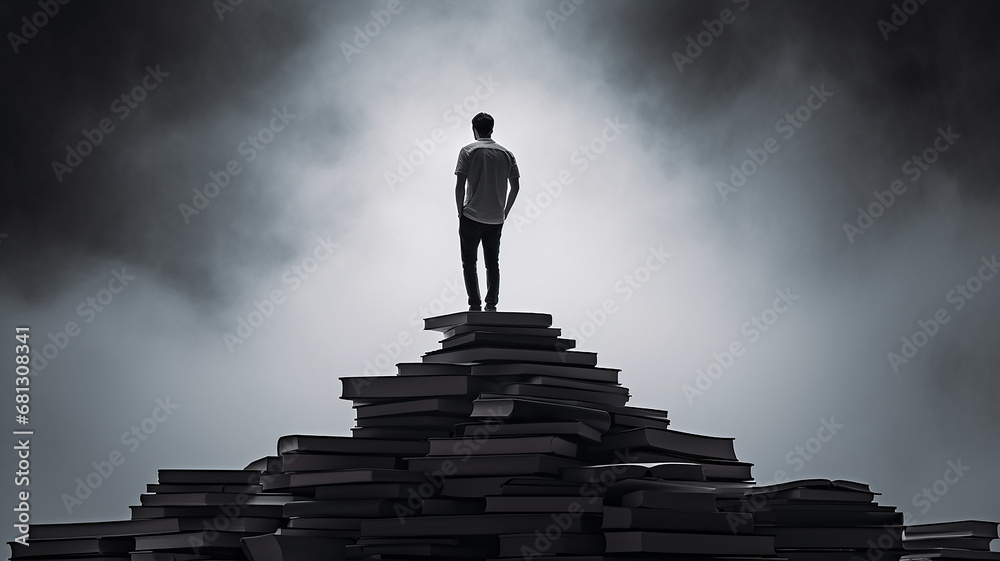 student on a mountain of textbooks, silhouette preparation for exams and tests, education concept. abstract computer illustration
