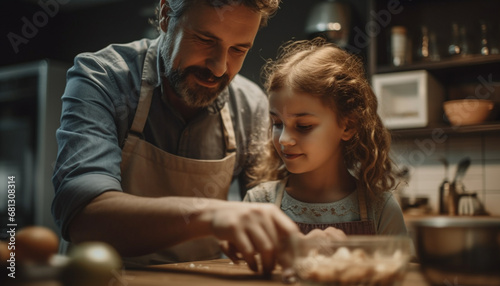 Father and daughter bonding  preparing cookie dough with love generated by AI