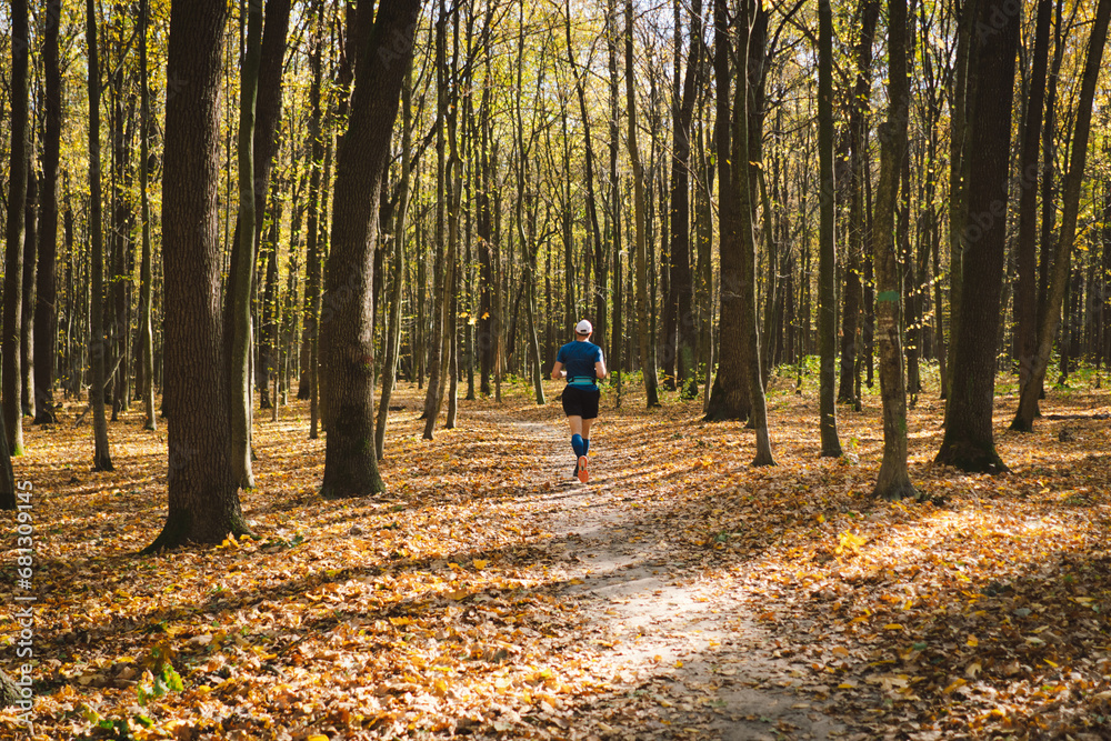 Fototapeta premium Young man jogging outdoors in a sunny autumn forest. Fitness male exercising in the park, wearing blue and black sportswear. People and sport concept healthy lifestyle, self-love and wellness.