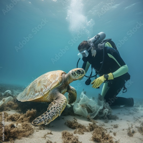 Exploring the Depths: A Scuba Diver and a Majestic Turtle Encounter in the Ocean