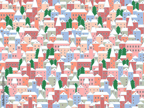 Cute cartoon panoramic christmas town in pastel colors, with white snow roofs, real estate seamless pattern, vector background