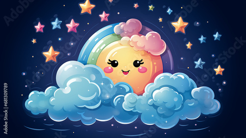 funny cartoon rainbow with eyes and a smile in the night starry sky, good night illustration for children © kichigin19