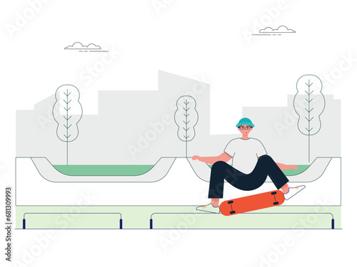 Man skateboarding on skate park. Park illustration.
