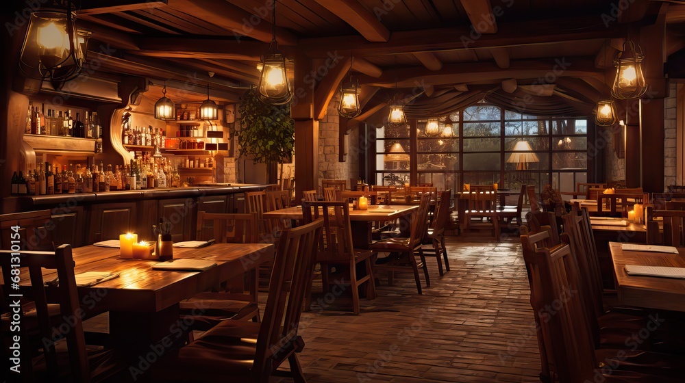 A rustic-style bar restaurant, made of wood, resembling a tavern, Generative AI. A rustic-style bar restaurant, made of wood, resembling a tavern, Generative AI.
