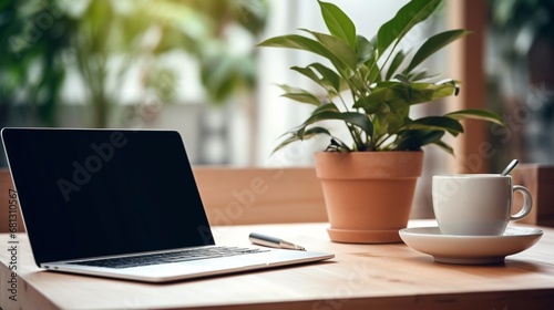 laptop on the table, Cozy and minimalistic work area on a wooden table,  coffee cup and a beautifully defocused potted plant in the background, clean workspace .laptop screen empty